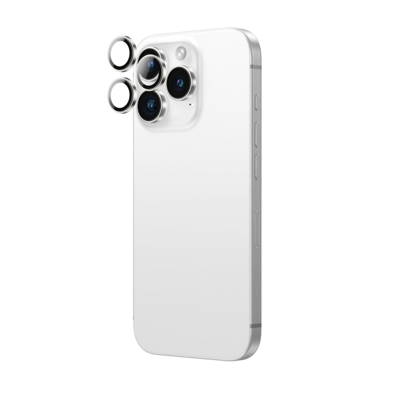 AmazingThing AR Aluminum 3 Lens Glass protector de objetivos de cámara con marco para iPhone 16 Pro / 16 Pro Max, plateado