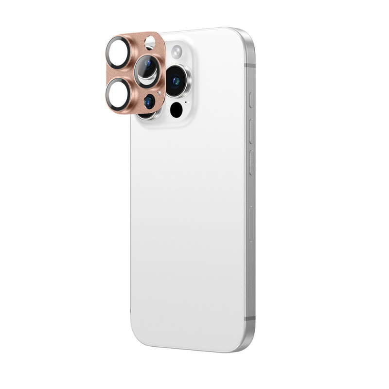 AmazingThing Aviation-Grade Alloy protector de cristal templado para lentes de la cámara del iPhone 16 Pro / 16 Pro Max, oro rosa