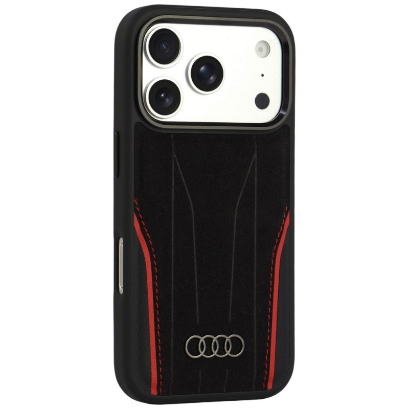 Funda Audi R8 Genuine Leather MagSafe de piel auténtica para iPhone 18 Pro / 17 Pro, negra y roja (AUDI000239)