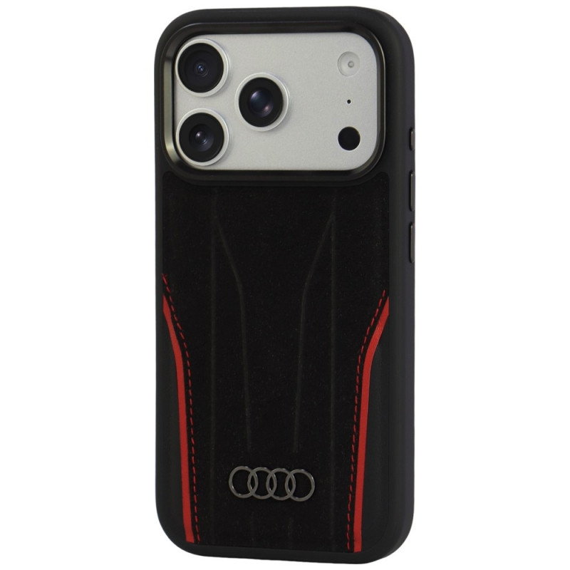 Funda Audi R8 Genuine Leather MagSafe de piel auténtica para iPhone 18 Pro / 17 Pro, negra y roja (AUDI000239)