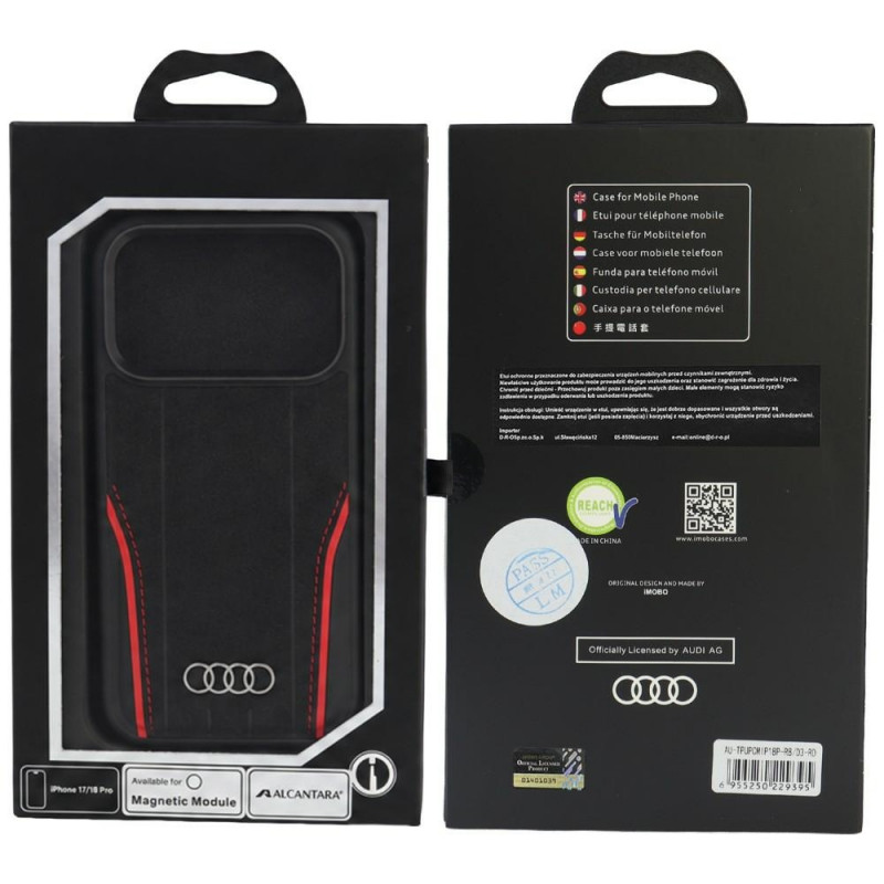 Funda Audi R8 Genuine Leather MagSafe de piel auténtica para iPhone 18 Pro / 17 Pro, negra y roja (AUDI000239)