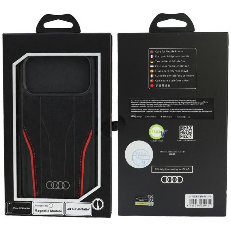 Funda Audi R8 Genuine Leather MagSafe de piel auténtica para iPhone 18 Pro Max / 17 Pro Max, negra y roja (AUDI000240)