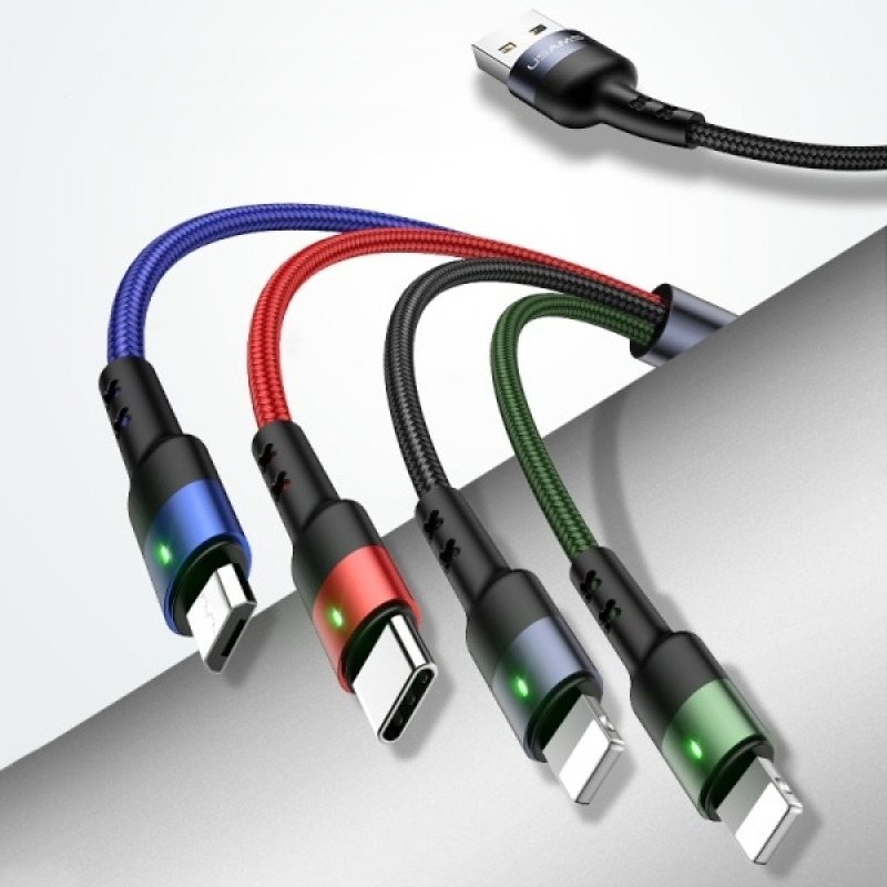 USAMS U26 SJ413USB01 (US-SJ413) cable trenzado de nailon 4 en 1, 3 m, 2 A (2x Lightning/microUSB/USB-C)