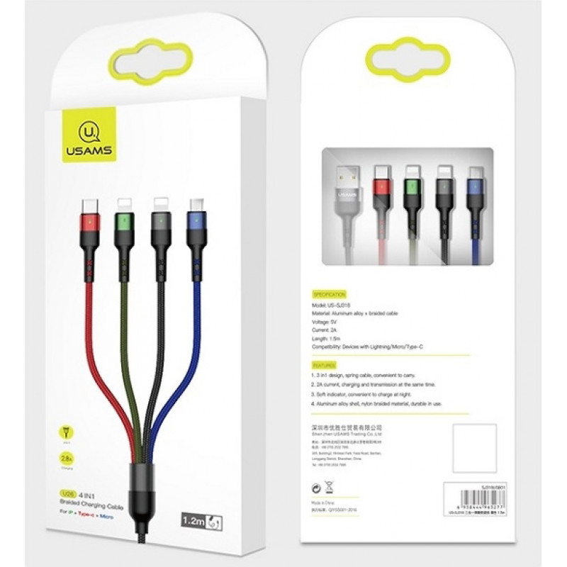 USAMS U26 SJ413USB01 (US-SJ413) cable trenzado de nailon 4 en 1, 3 m, 2 A (2x Lightning/microUSB/USB-C)