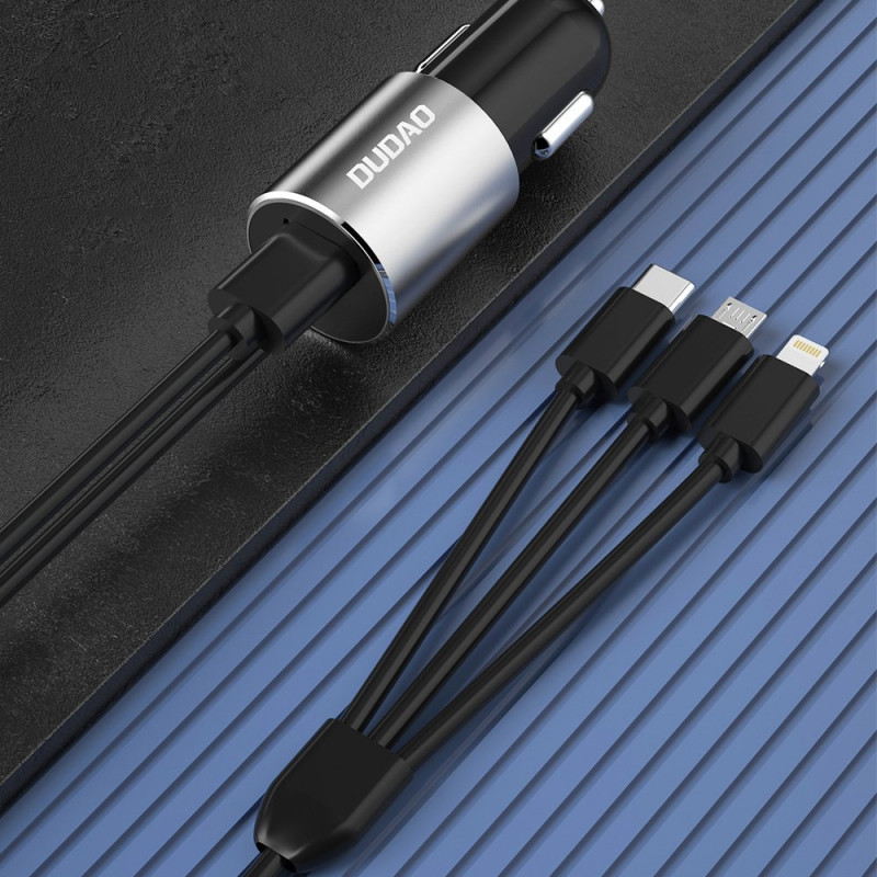 Dudao R5ProN cargador de coche con cable 3 en 1 integrado (Lightning / USB-C / micro USB), 3,4 A, 1 m, negro