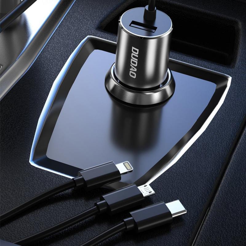 Dudao R5ProN cargador de coche con cable 3 en 1 integrado (Lightning / USB-C / micro USB), 3,4 A, 1 m, negro