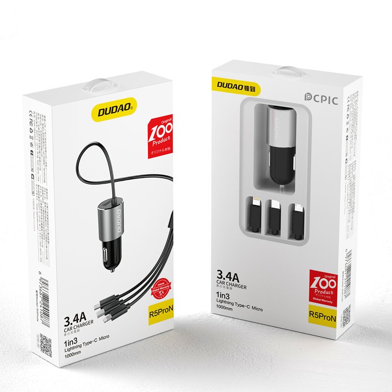 Dudao R5ProN cargador de coche con cable 3 en 1 integrado (Lightning / USB-C / micro USB), 3,4 A, 1 m, negro