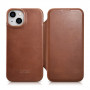 iCarer CE Oil Wax Premium Leather Folio Case funda tipo libro magnética para iPhone 14 Plus, MagSafe, marrón (AKI14220707-BN)