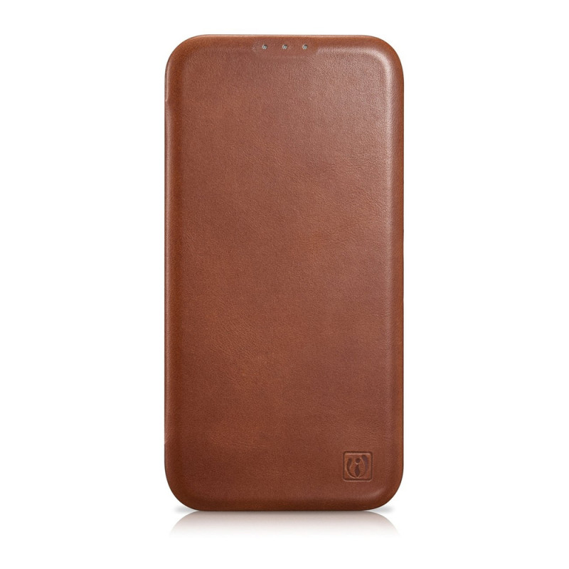 iCarer CE Oil Wax Premium Leather Folio Case funda tipo libro magnética para iPhone 14 Plus, MagSafe, marrón (AKI14220707-BN)