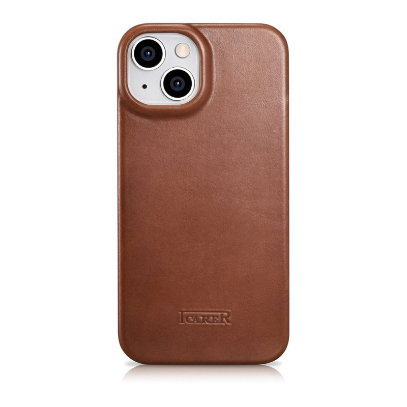 iCarer CE Oil Wax Premium Leather Folio Case funda tipo libro magnética para iPhone 14 Plus, MagSafe, marrón (AKI14220707-BN)