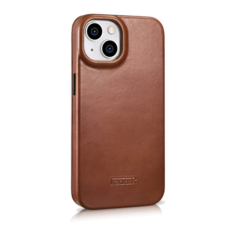 iCarer CE Oil Wax Premium Leather Folio Case funda tipo libro magnética para iPhone 14 Plus, MagSafe, marrón (AKI14220707-BN)
