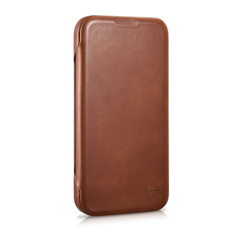 iCarer CE Oil Wax Premium Leather Folio Case funda tipo libro magnética para iPhone 14 Plus, MagSafe, marrón (AKI14220707-BN)