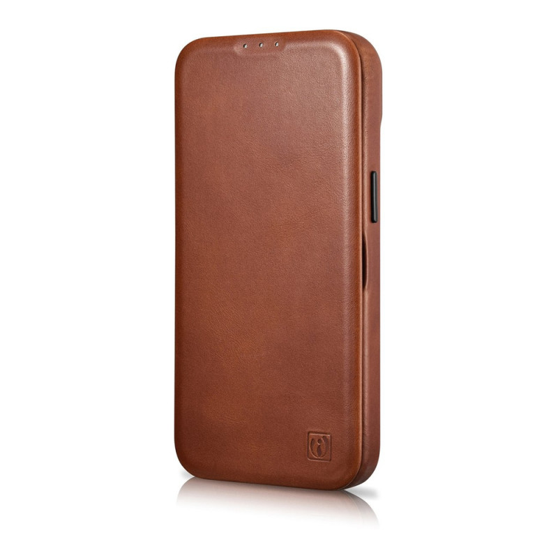 iCarer CE Oil Wax Premium Leather Folio Case funda tipo libro magnética para iPhone 14 Plus, MagSafe, marrón (AKI14220707-BN)