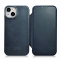 iCarer CE Oil Wax Premium Leather Folio Case funda tipo libro magnética para iPhone 14 Plus, MagSafe, azul (AKI14220707-BU)