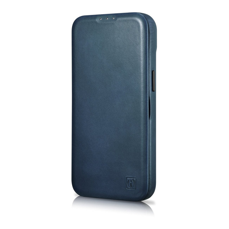 iCarer CE Oil Wax Premium Leather Folio Case funda tipo libro magnética para iPhone 14 Plus, MagSafe, azul (AKI14220707-BU)
