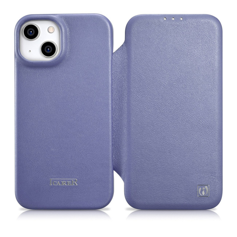 iCarer CE Premium Leather Folio Case funda tipo libro de piel para Apple iPhone 14 Plus / 15 Plus, MagSafe, morada clara (ICR413)