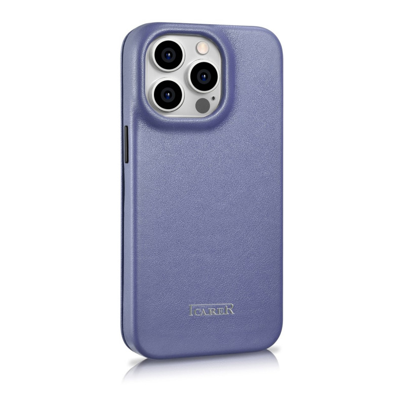 iCarer CE Premium Leather Folio Case funda tipo libro de piel para Apple iPhone 14 Pro Max, MagSafe, morada clara (ICR419)