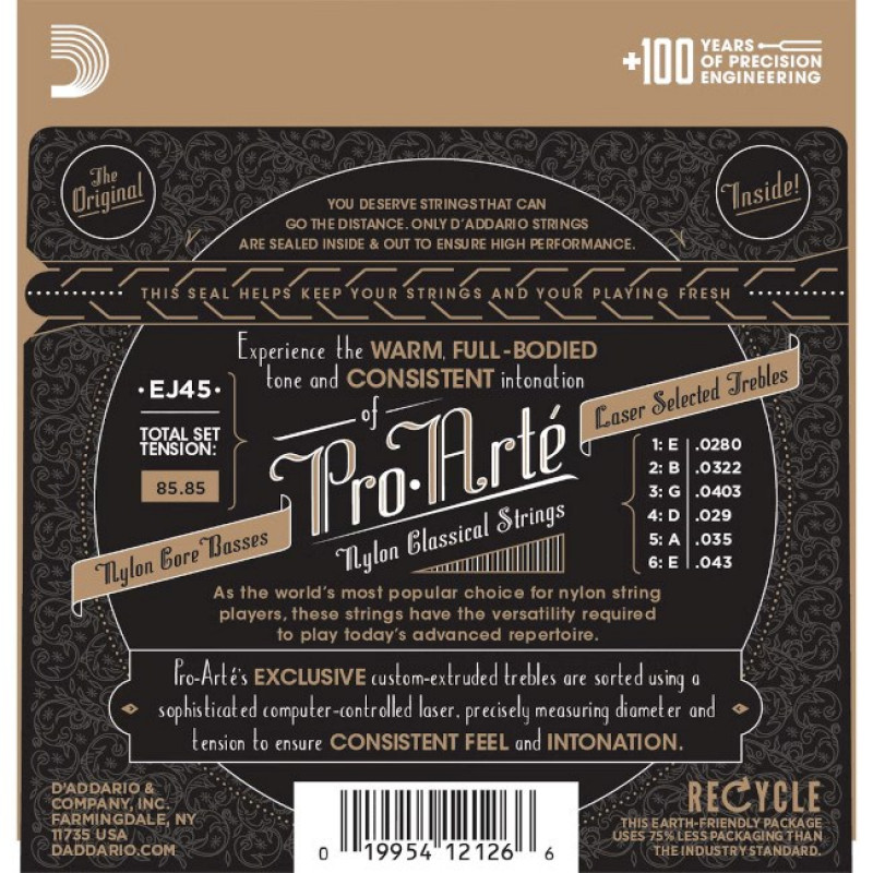 D'Addario EJ45 Pro-Arté cuerdas de nailon para guitarra clásica, tensión normal, 28-43