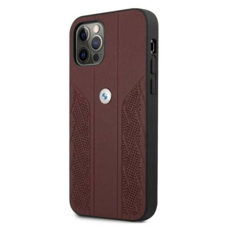 BMW BMHCP12MRSPPR Curve Perforate funda rígida de piel para Apple iPhone 12 / 12 Pro, roja