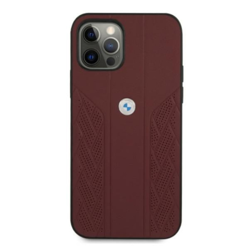 BMW BMHCP12MRSPPR Curve Perforate funda rígida de piel para Apple iPhone 12 / 12 Pro, roja