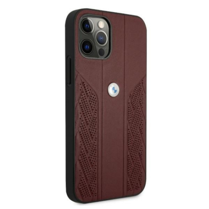BMW BMHCP12MRSPPR Curve Perforate funda rígida de piel para Apple iPhone 12 / 12 Pro, roja