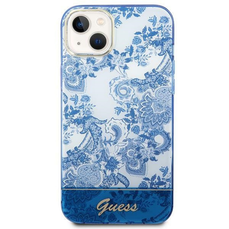 Guess GUHCP14MHGPLHB funda rígida para Apple iPhone 14 Plus / 15 Plus, Porcelain Collection, azul