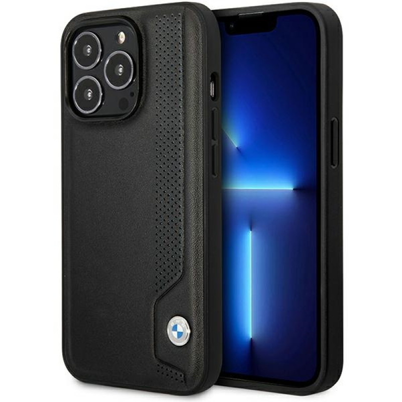 BMW BMHCP14L22RBDK Leather Blue Dots funda rígida para iPhone 14 Pro 6,1", negra