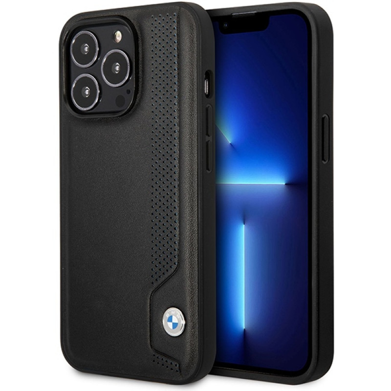 BMW BMHCP14X22RBDK Leather Blue Dots funda rígida para iPhone 14 Pro Max 6,7", negra