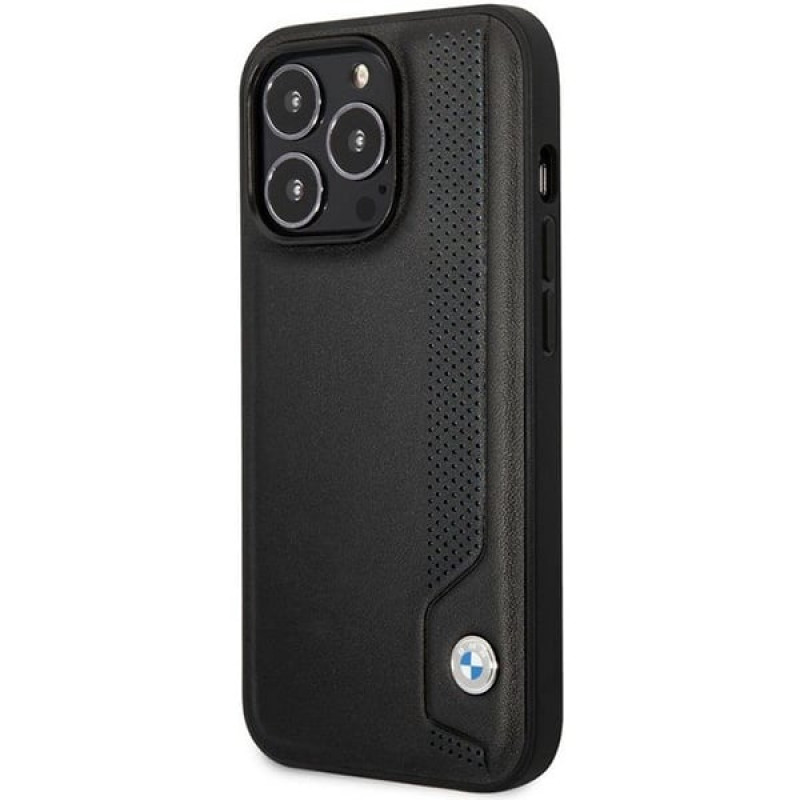 BMW BMHCP14X22RBDK Leather Blue Dots funda rígida para iPhone 14 Pro Max 6,7", negra