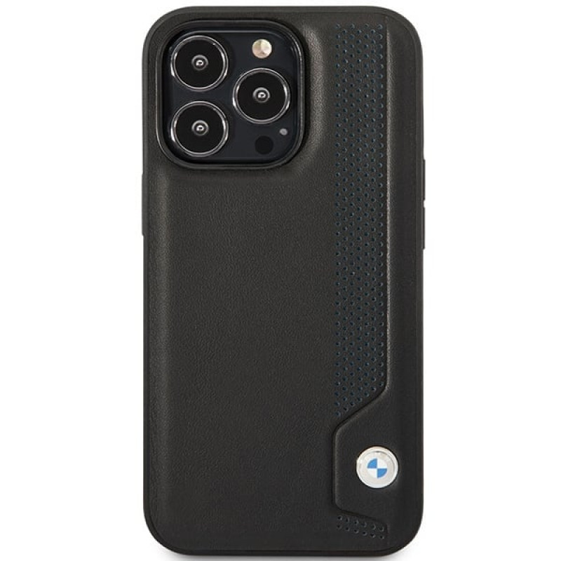 BMW BMHCP14X22RBDK Leather Blue Dots funda rígida para iPhone 14 Pro Max 6,7", negra