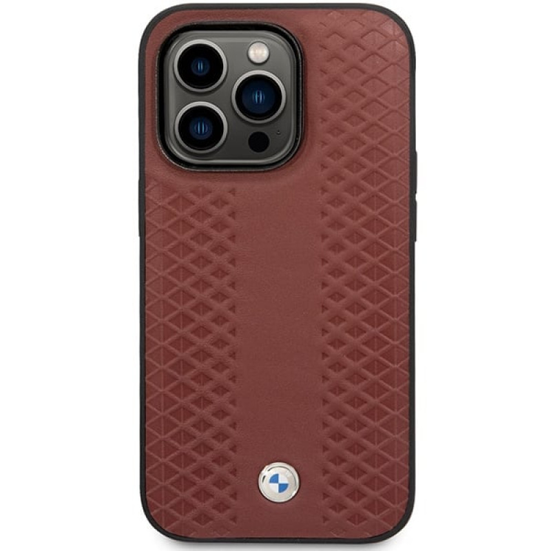 BMW BMHCP14X22RFGR Leather Diamond Pattern funda rígida para iPhone 14 Pro Max 6,7", burdeos