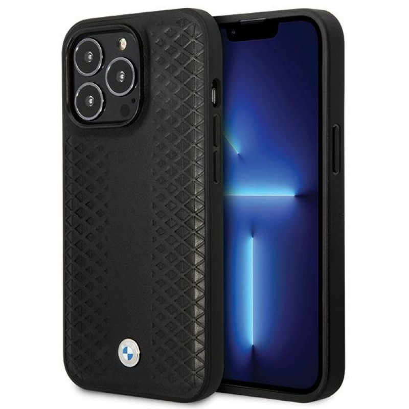 BMW BMHCP14L22RFGK Leather Diamond Pattern funda rígida para iPhone 14 Pro 6,1", negra