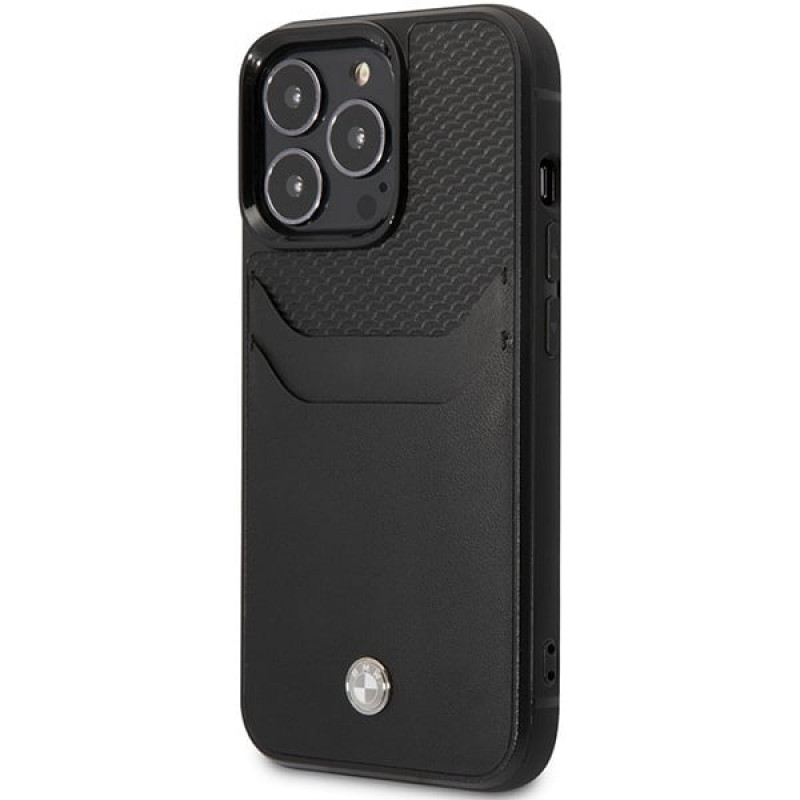 BMW BMHCP14L22RSEPK funda para iPhone 14 Pro, negra, Leather Card Slot