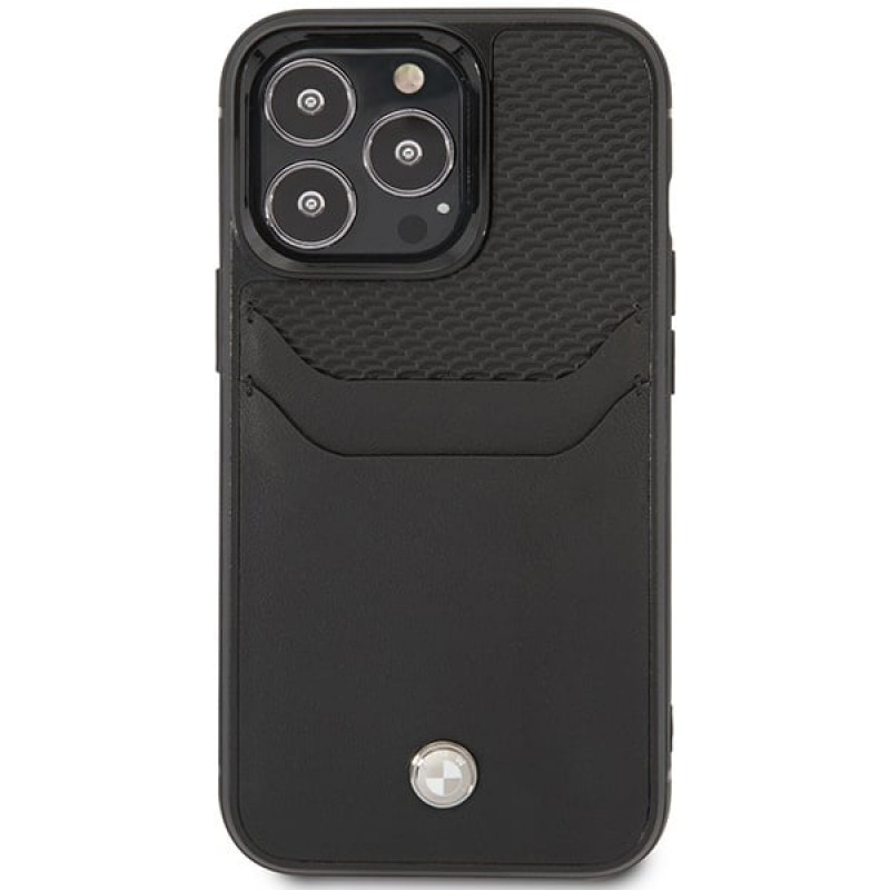 BMW BMHCP14L22RSEPK funda para iPhone 14 Pro, negra, Leather Card Slot