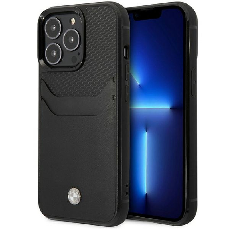 BMW BMHCP14X22RSEPK funda para iPhone 14 Pro Max, negra, Leather Card Slot
