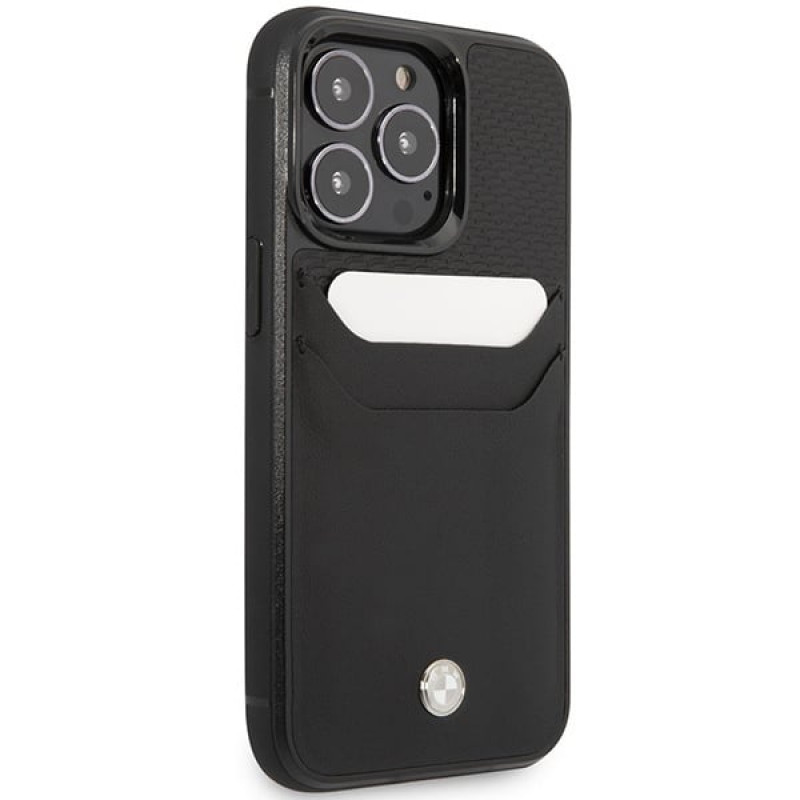 BMW BMHCP14X22RSEPK funda para iPhone 14 Pro Max, negra, Leather Card Slot