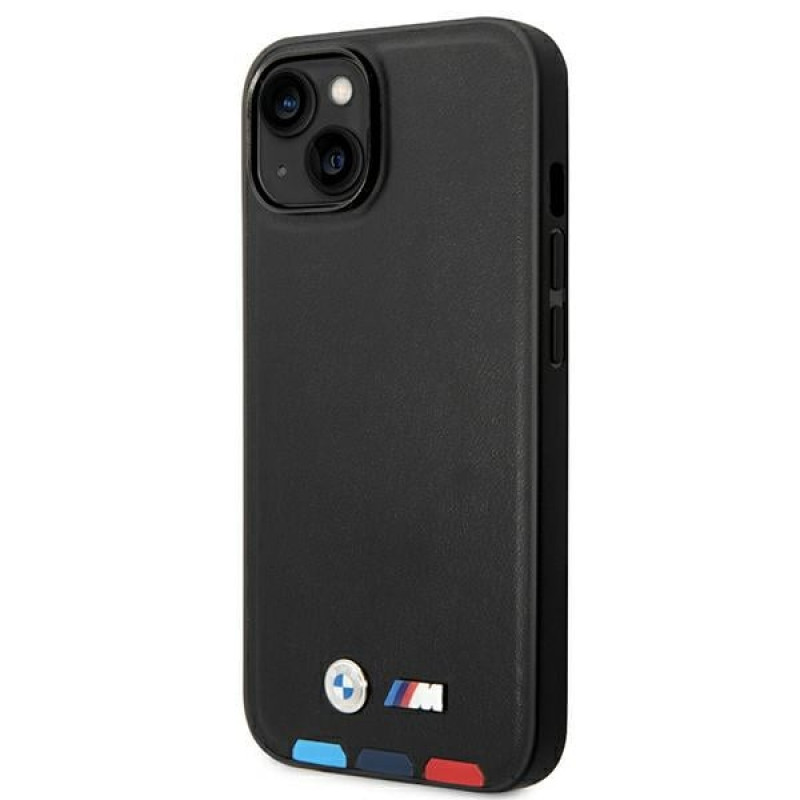 BMW BMHCP14M22PTDK funda para iPhone 14 Plus, negra, Leather Stamp Tricolor