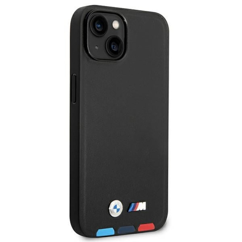 BMW BMHCP14M22PTDK funda para iPhone 14 Plus, negra, Leather Stamp Tricolor