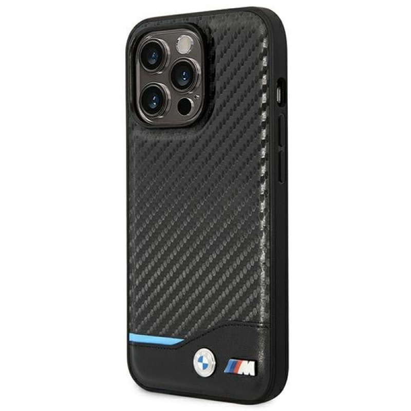 BMW BMHCP14L22NBCK funda para iPhone 14 Pro, negra, Leather Carbon