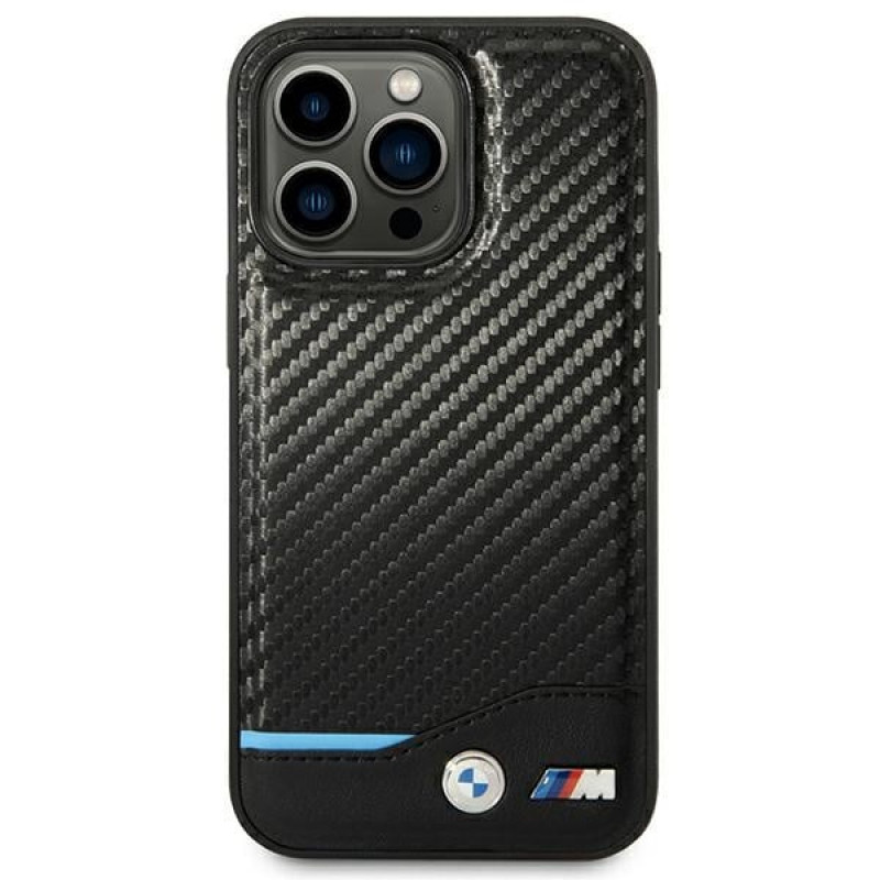 BMW BMHCP14L22NBCK funda para iPhone 14 Pro, negra, Leather Carbon