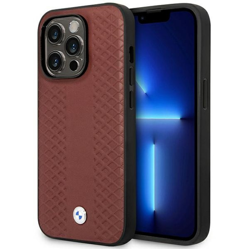 BMW BMHMP14L22RFGR Leather Diamond Pattern MagSafe funda para Apple iPhone 14 Pro 6,1″, burdeos