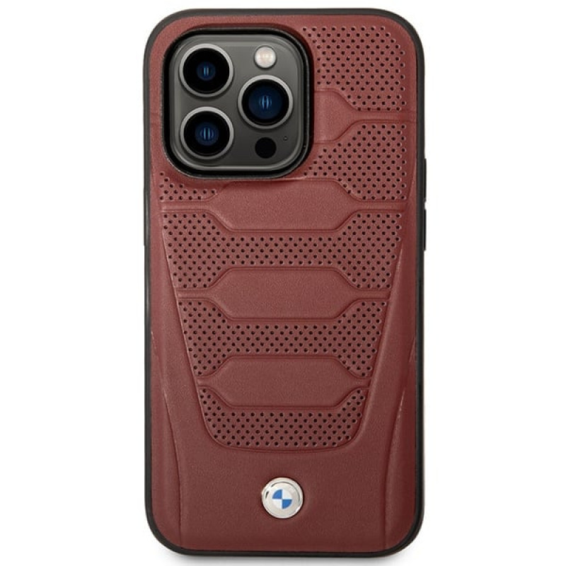 BMW BMHMP14L22RPSR Leather Seats Pattern MagSafe funda para Apple iPhone 14 Pro 6,1″, burdeos