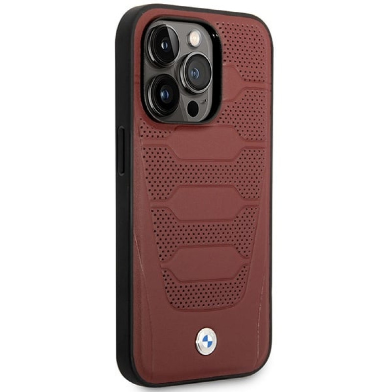 BMW BMHMP14L22RPSR Leather Seats Pattern MagSafe funda para Apple iPhone 14 Pro 6,1″, burdeos
