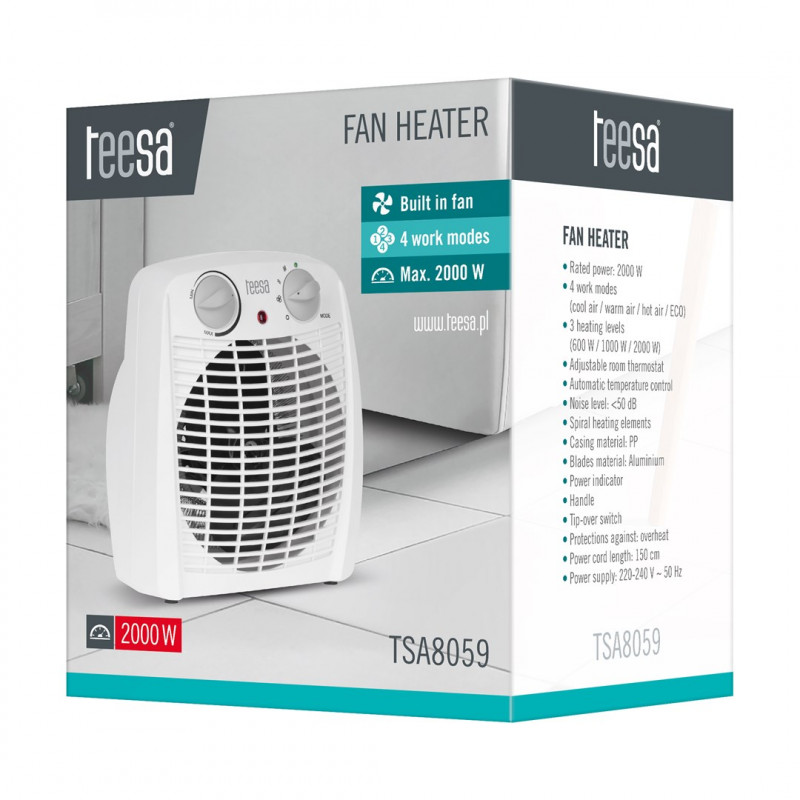 Teesa TSA8059 calefactor con ventilador, 0,8/1,2/2 kW, blanco
