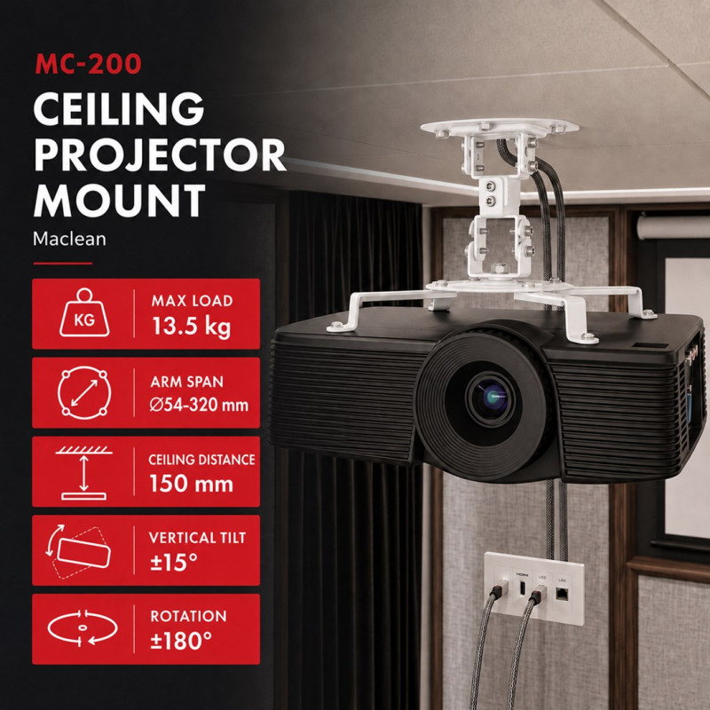 Maclean MC-200 W soporte de techo para proyectores, acero, 54–320 mm, hasta 13,5 kg, blanco