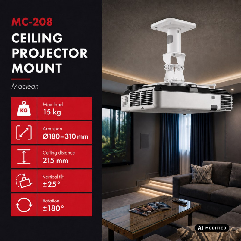 Maclean MC-208 W soporte de techo para proyectores, acero, 180–310 mm, hasta 15 kg, blanco
