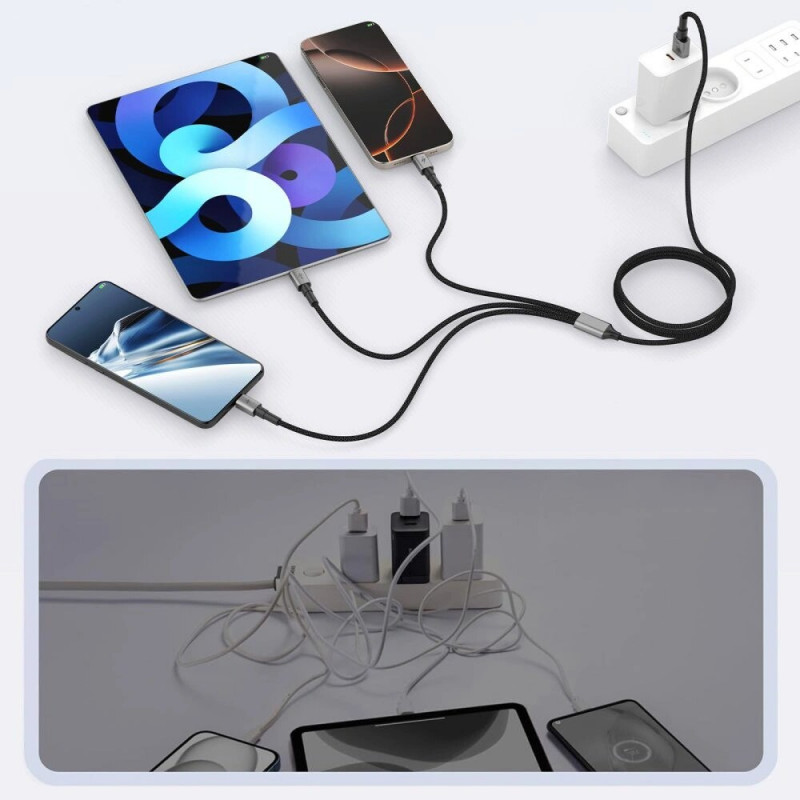 Tech-Protect UltraBoost DNA cable 3 en 1 de USB-A a Lightning / USB-C / Micro-USB, 3 A, 120 cm, gris hierro