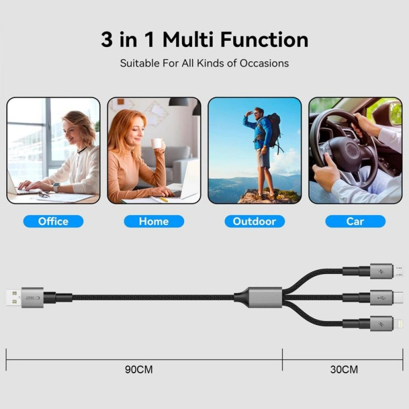 Tech-Protect UltraBoost DNA cable 3 en 1 de USB-A a Lightning / USB-C / Micro-USB, 3 A, 120 cm, gris hierro