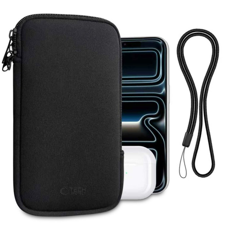 Tech-Protect SM70 funda universal para móvil, 6,0-7,2 pulgadas, neopreno, con correa para el cuello, negra