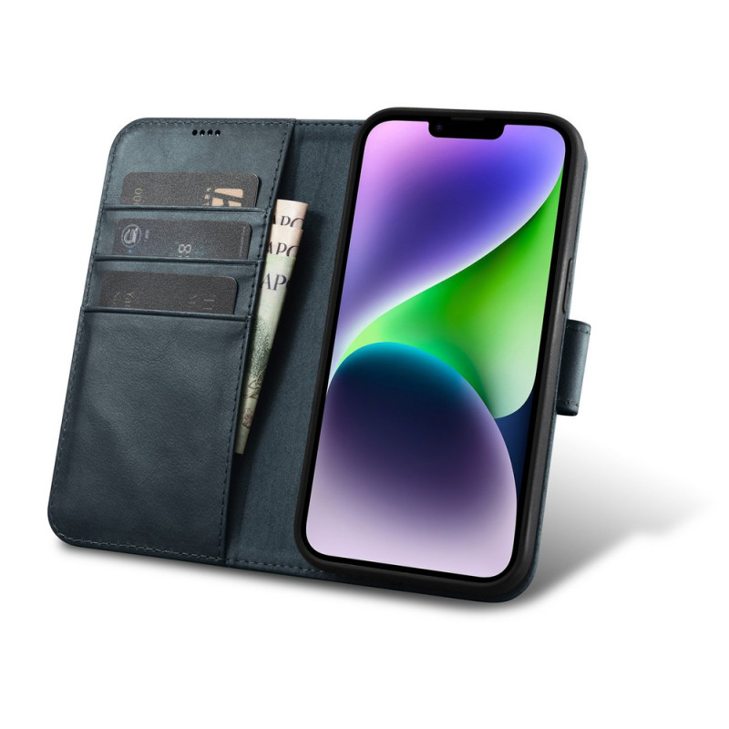 iCarer Oil Wax Wallet Case 2in1 funda con tapa de piel para iPhone 14 Plus, Anti-RFID, azul (WMI14220723-BU)